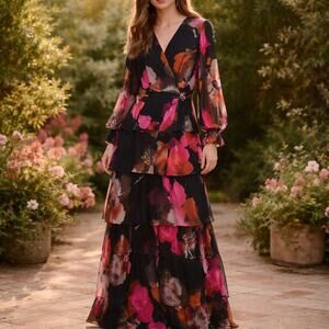 Anthropologie Hutch SZ XL/1X Bardot Wrap Ruffle Maxi-Black Romantic Watercolor